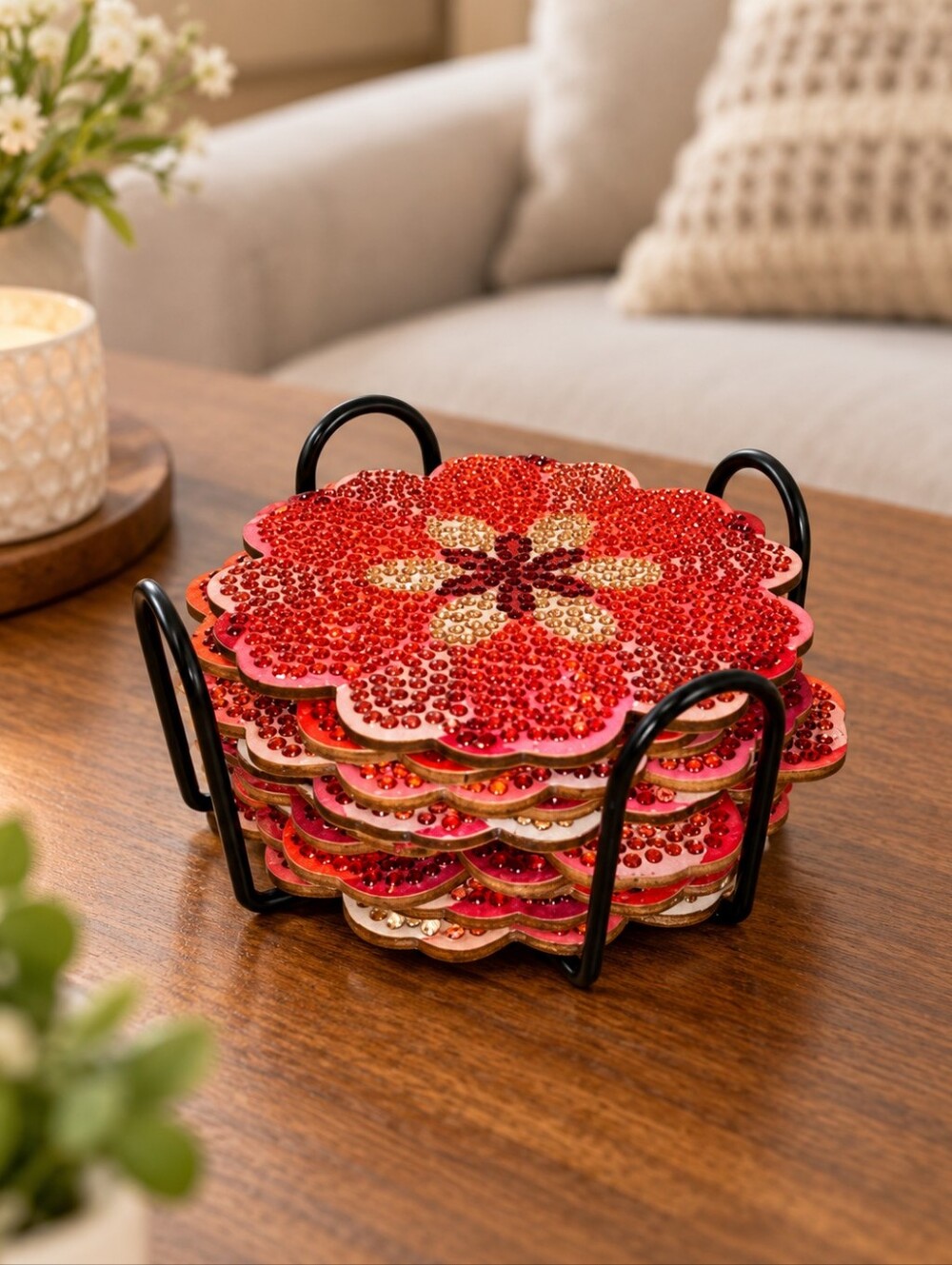 Handmade Jeweled 10-Piece Red floral Coaster Set | NWOT